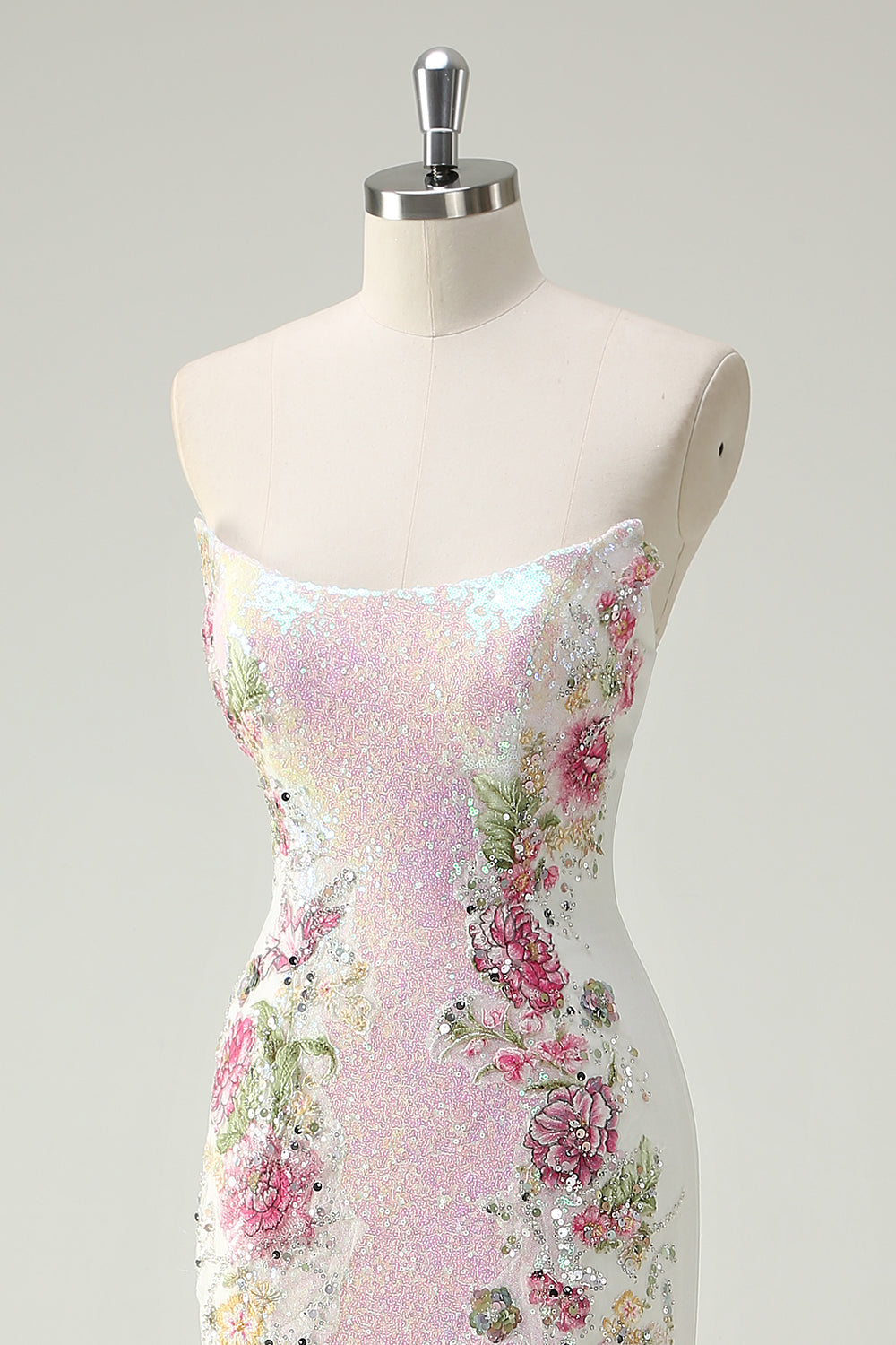 Sparkly White Floral Strapless Mermaid Long Prom Dress - Image 6
