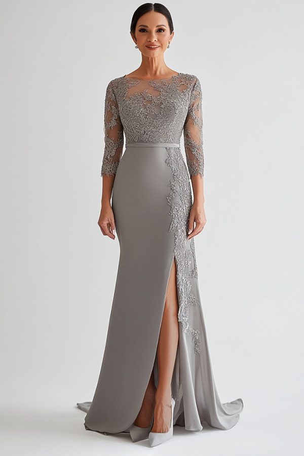 Silver Bodycon Appliques Mother of Bride Dress With Slit