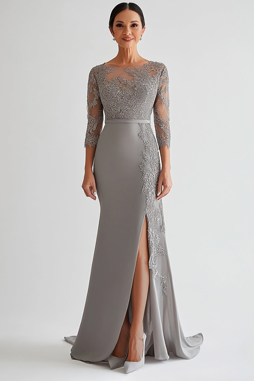 Silver Bodycon Appliques Mother of Bride Dress With Slit - Image 1