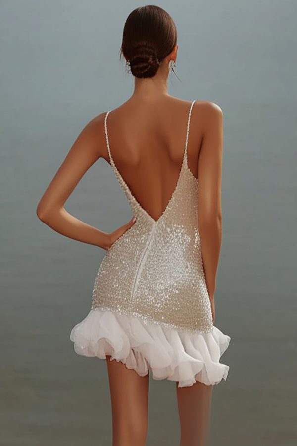 Sparkly White V-Neck Mini Dress With Ruffles - Image 2