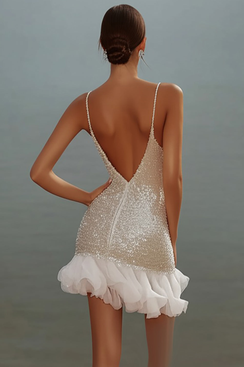 Sparkly White V-Neck Mini Dress With Ruffles - Image 2