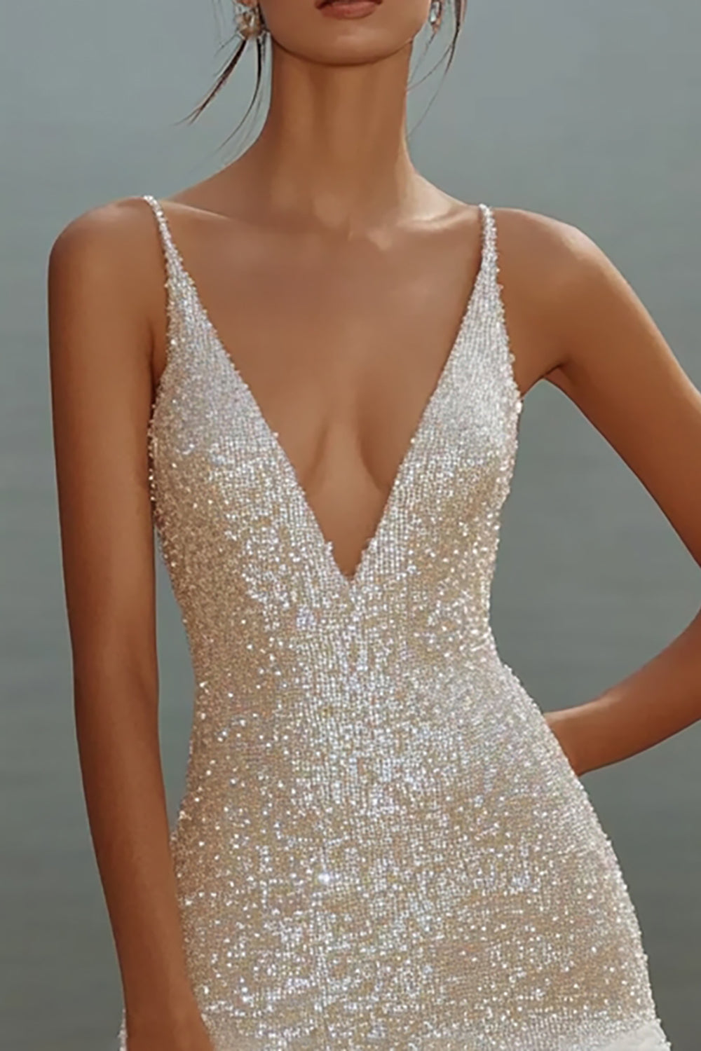 Sparkly White V-Neck Mini Dress With Ruffles - Image 3