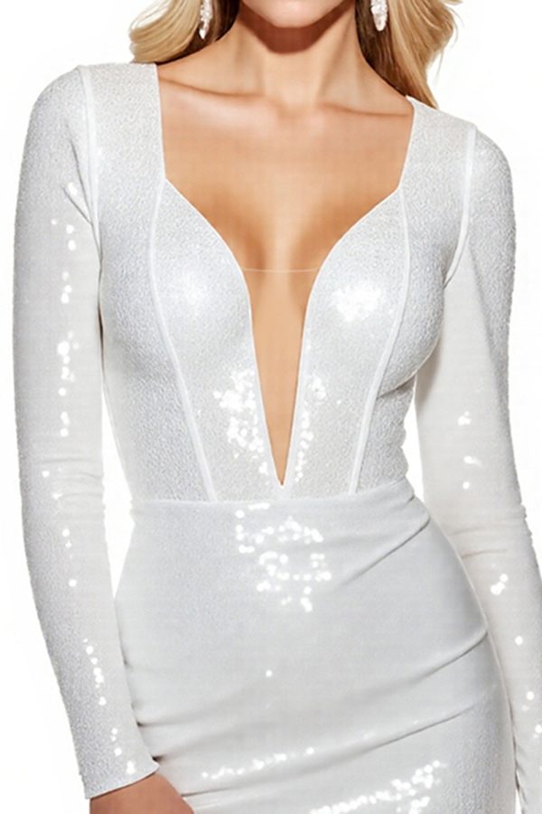 Sparkly White Long Sleeve Homecoming Dress with Sequins - Image 3
