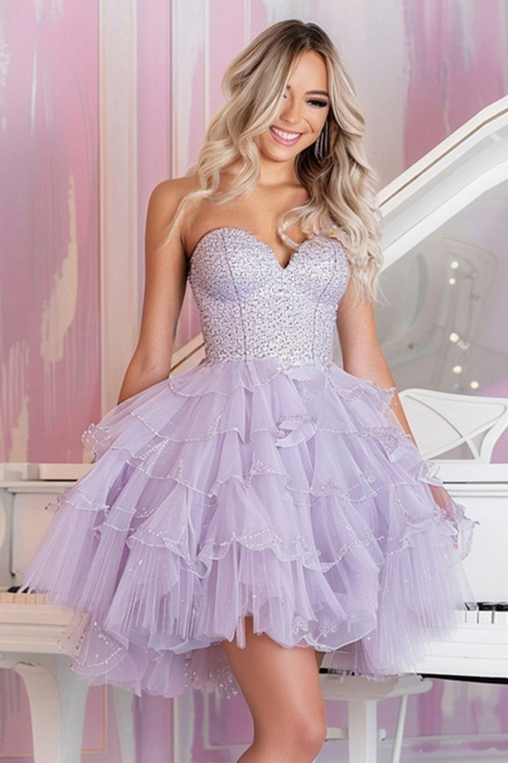 Sparkly Strapless A Line Tiered Lilac Homecoming Dress - Image 2