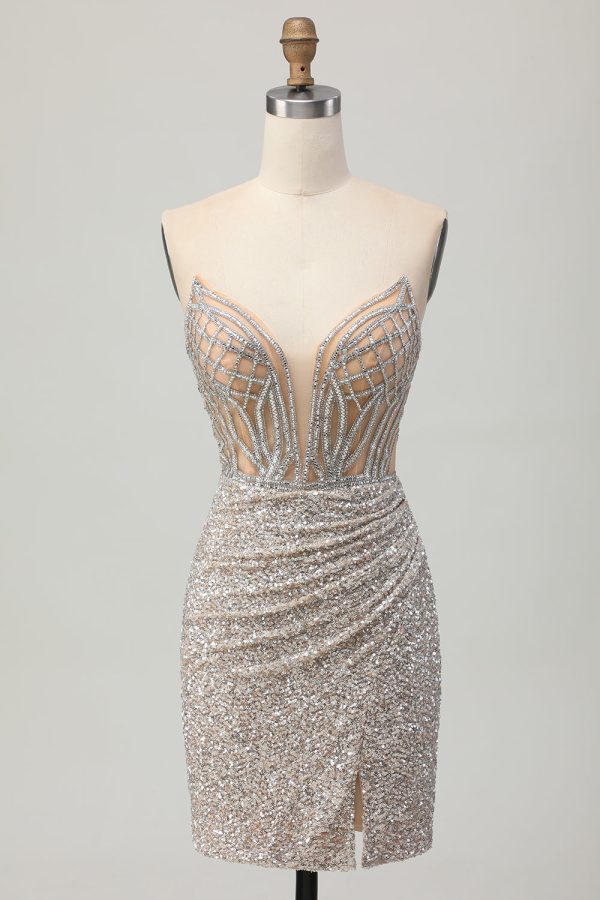 Sparkly Silver Strapless Tight Homecoming Dress With Slit - Image 3