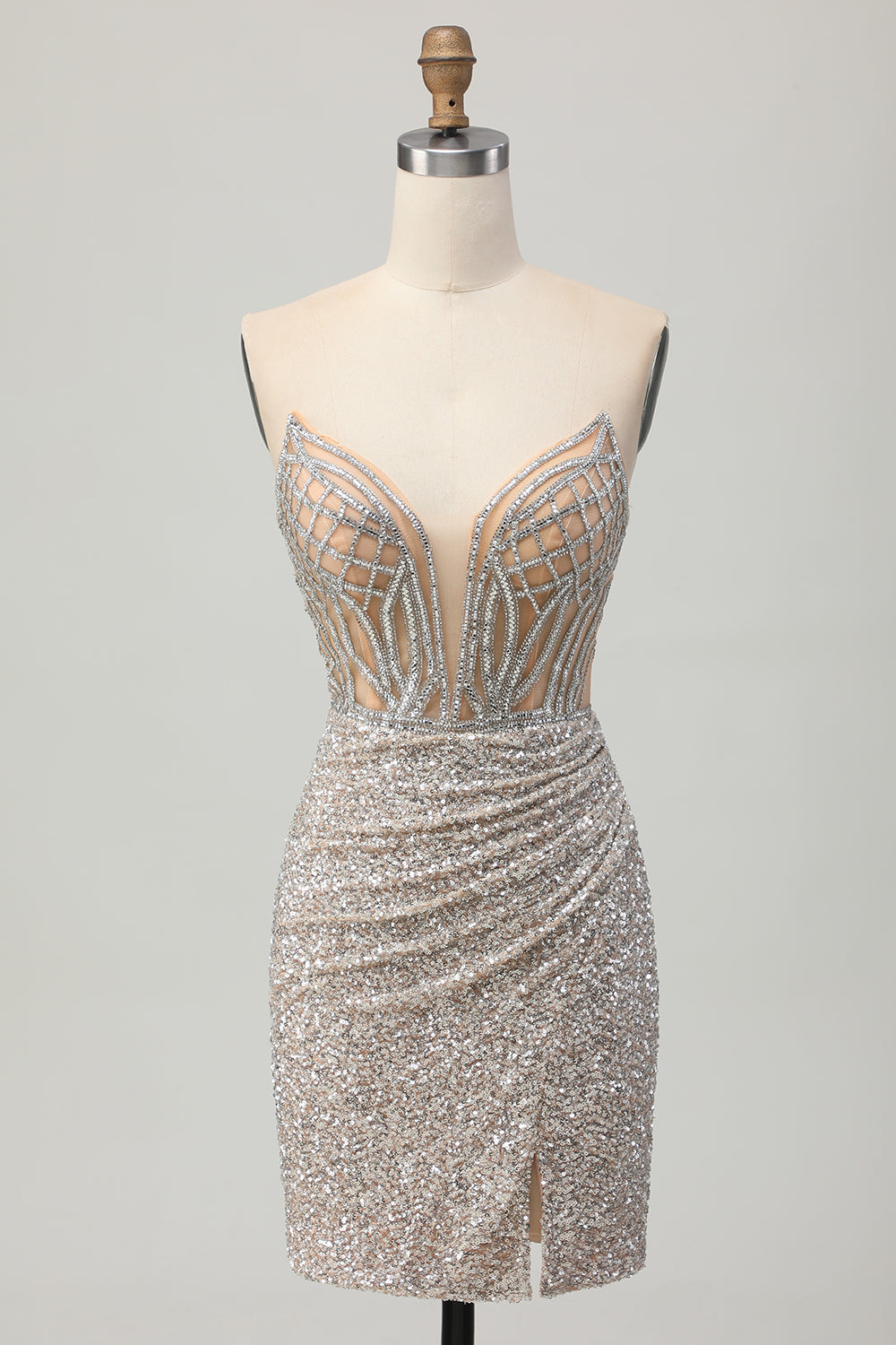 Sparkly Silver Strapless Tight Homecoming Dress With Slit - Image 3