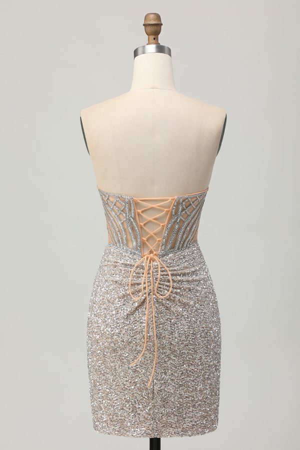 Sparkly Silver Strapless Tight Homecoming Dress With Slit - Image 4