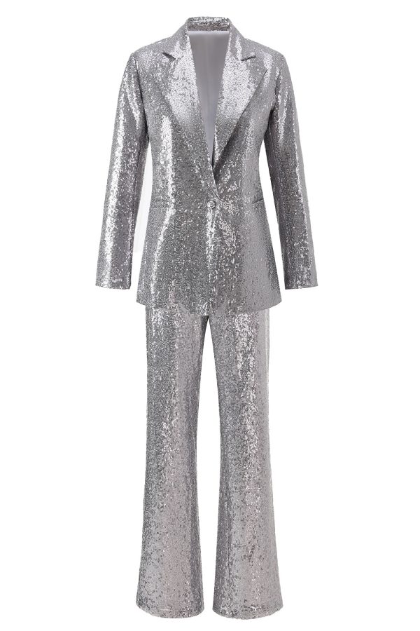 Sparkly Silver Notched Lapel 2-Piece Women Prom Suits