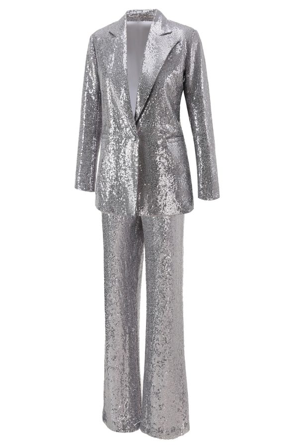 Sparkly Silver Notched Lapel 2-Piece Women Prom Suits - Image 3