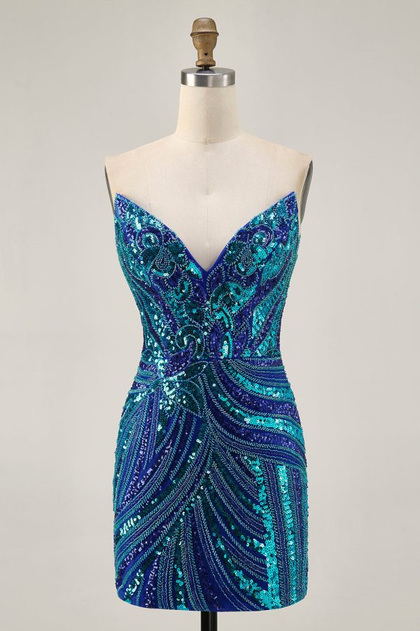 Sparkly Strapless Royal Blue Bodycon Homecoming Dress - Image 3