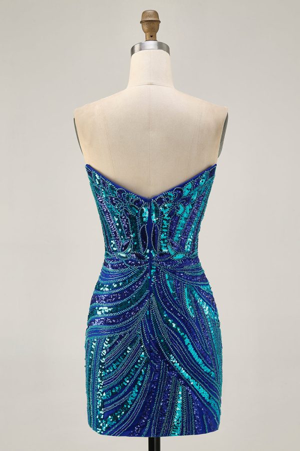 Sparkly Strapless Royal Blue Bodycon Homecoming Dress - Image 4