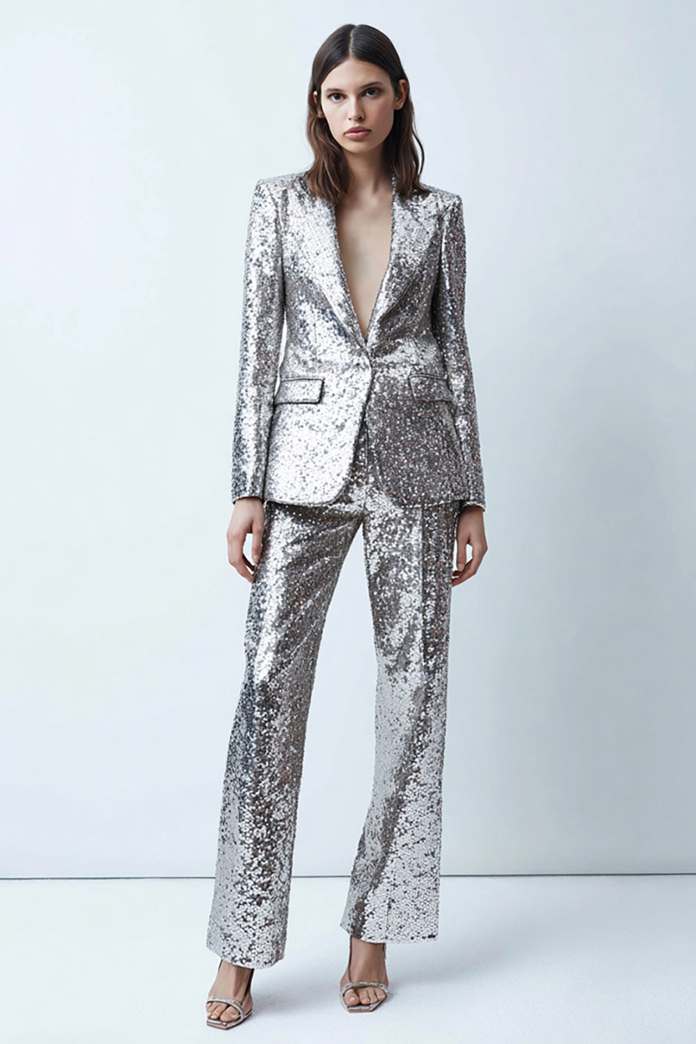 Sparkly Silver One Button 2-Piece Prom Suits - Image 1