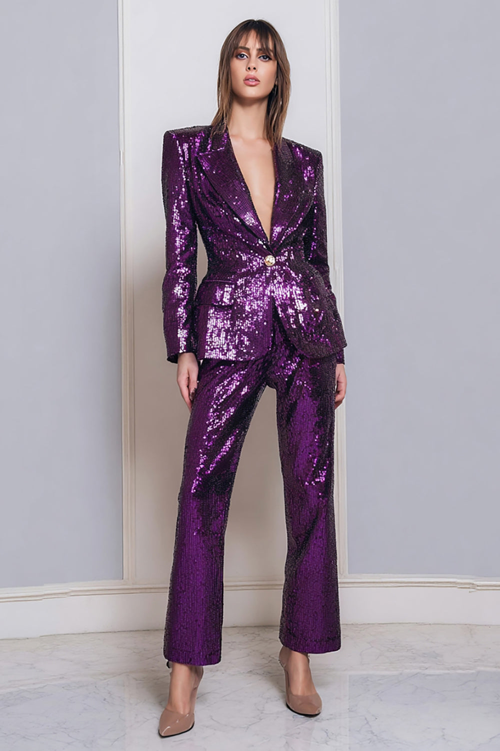 Sprakly Dark Purple One Button 2-Piece Women Prom Suits - Image 1