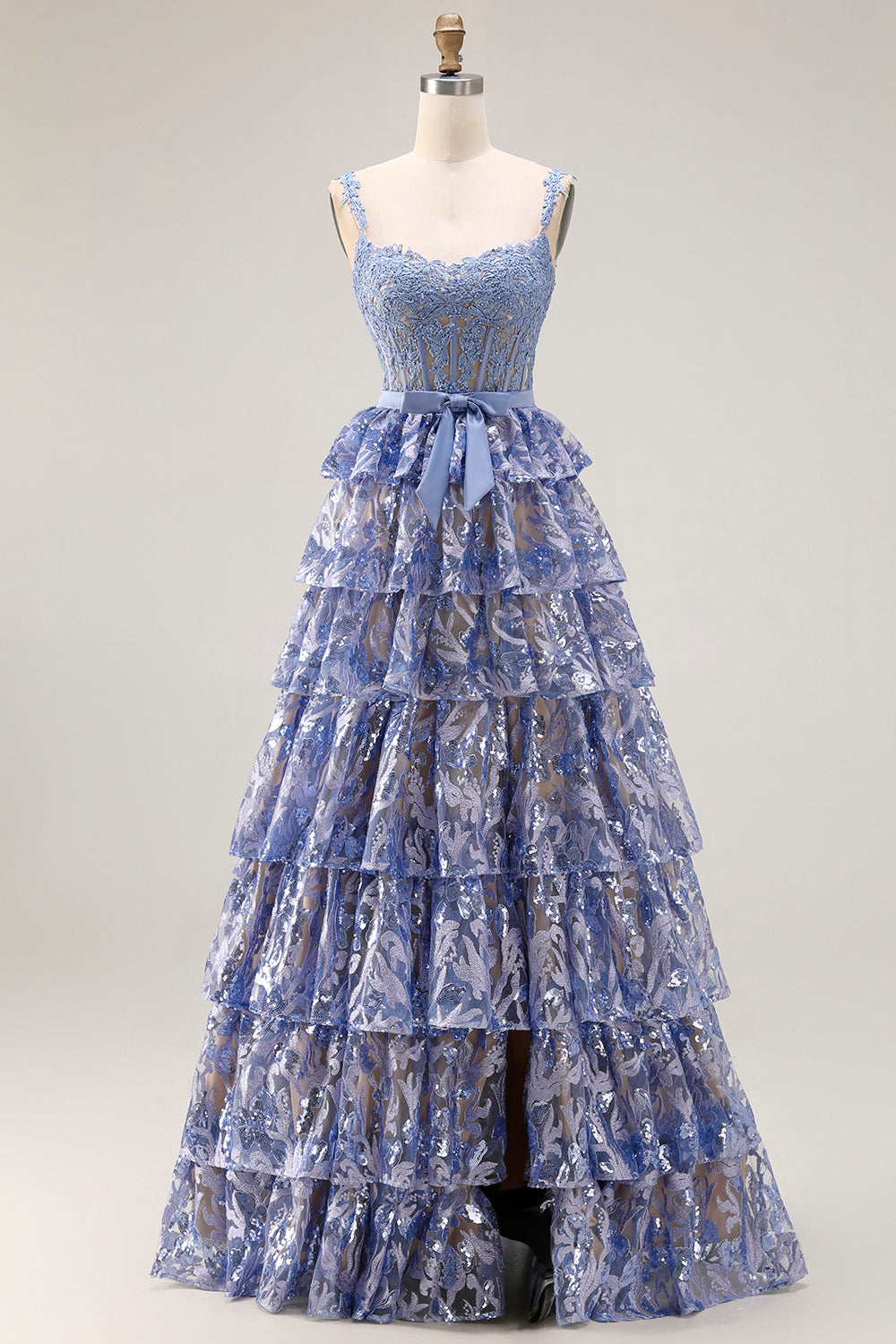 Sparkly Tiered Corset Bowed Appliqued Grey Blue Prom Dress - Image 1