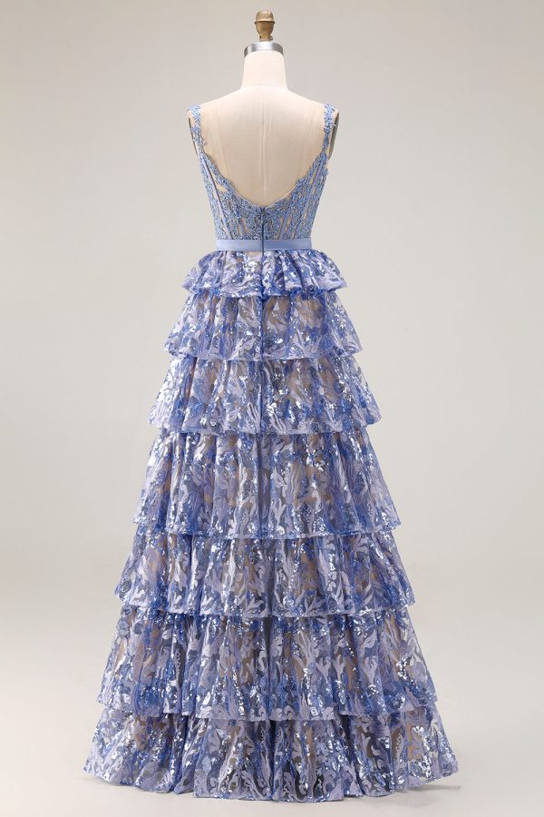 Sparkly Tiered Corset Bowed Appliqued Grey Blue Prom Dress - Image 2