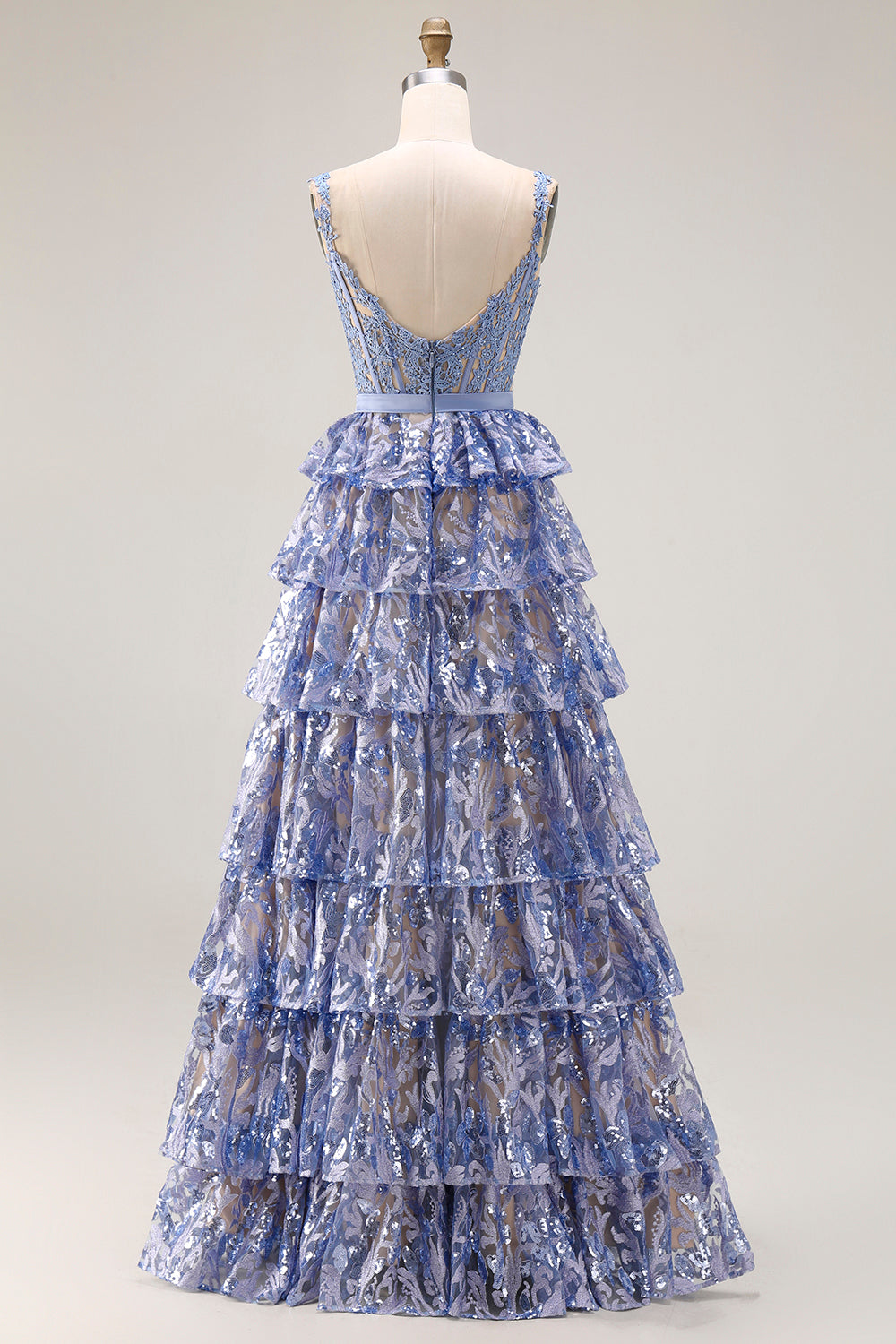 Sparkly Tiered Corset Bowed Appliqued Grey Blue Prom Dress - Image 2