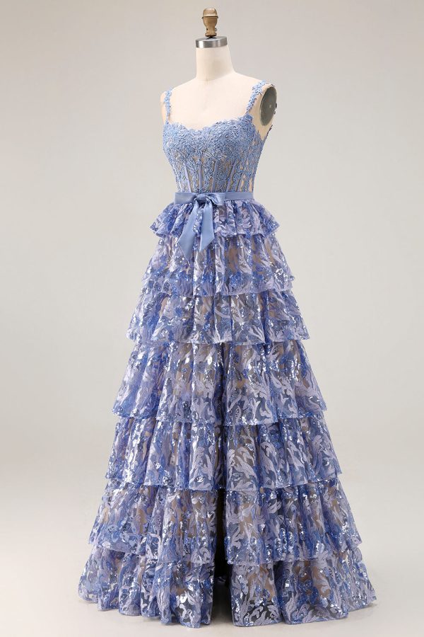 Sparkly Tiered Corset Bowed Appliqued Grey Blue Prom Dress - Image 5