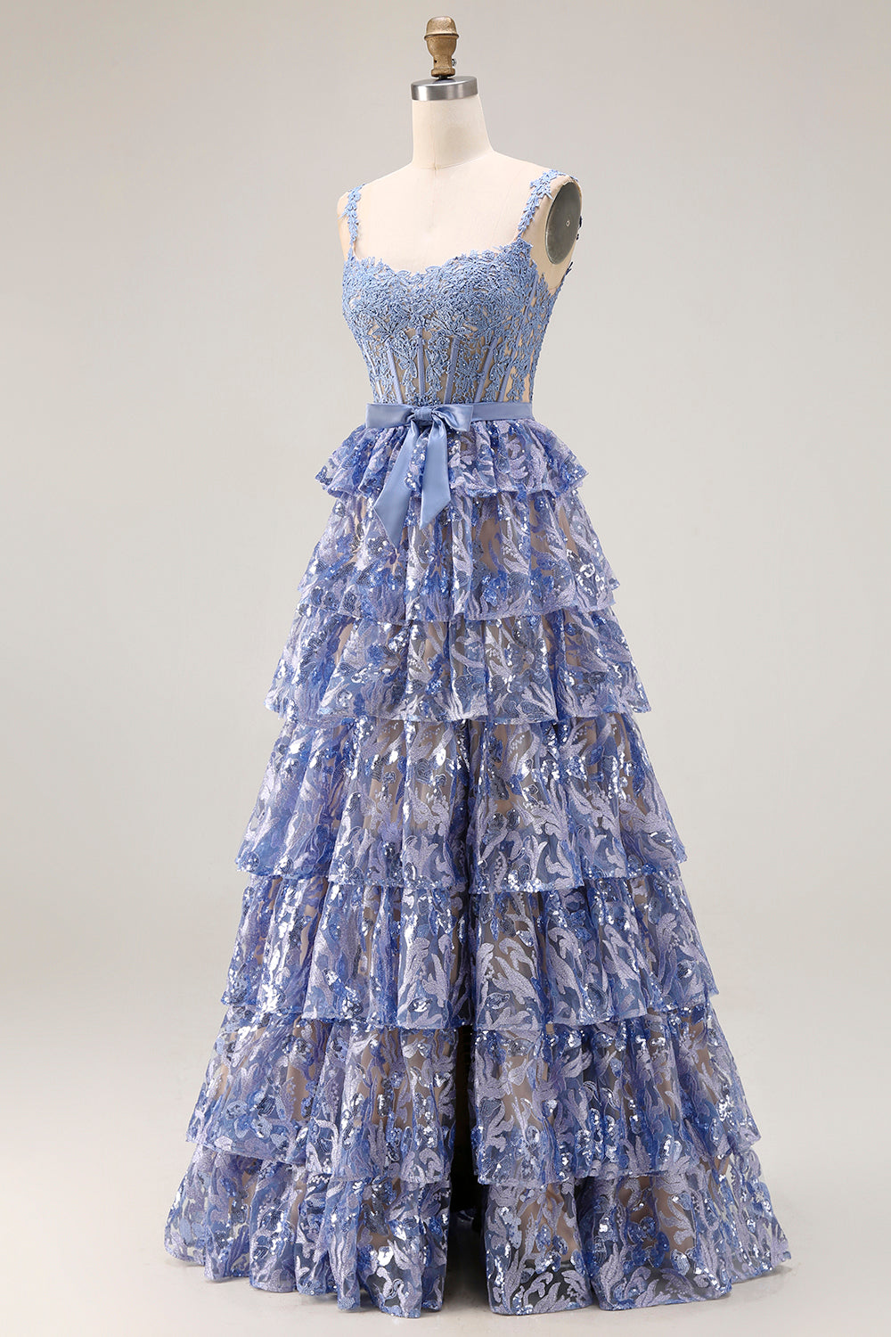 Sparkly Tiered Corset Bowed Appliqued Grey Blue Prom Dress - Image 5