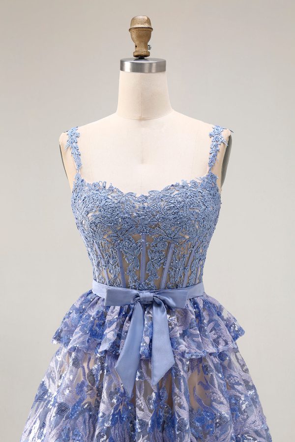 Sparkly Tiered Corset Bowed Appliqued Grey Blue Prom Dress - Image 6