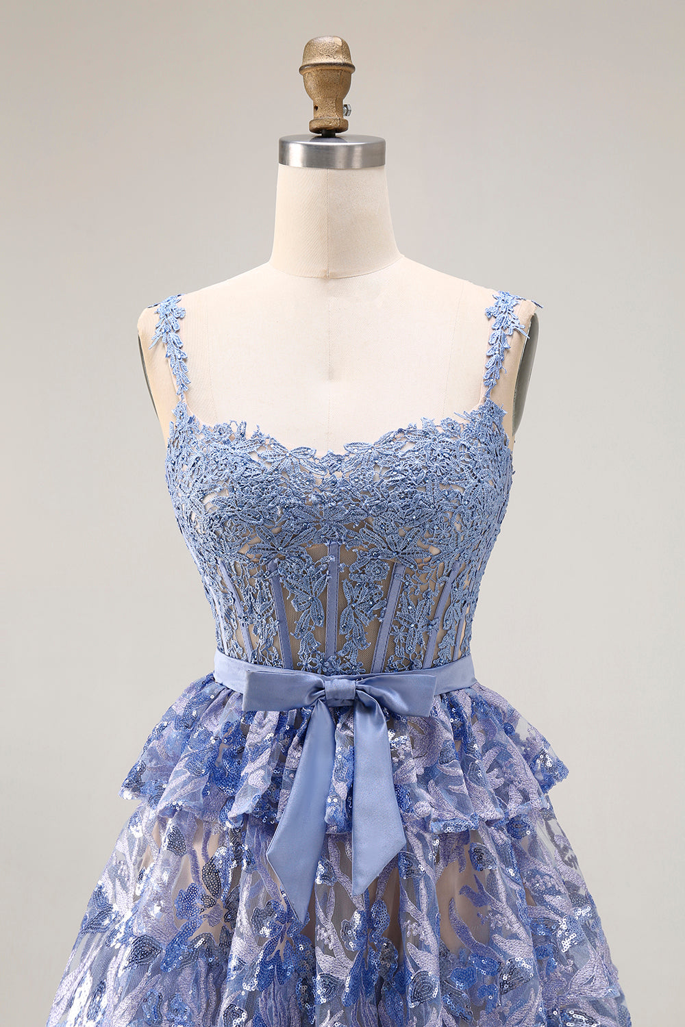 Sparkly Tiered Corset Bowed Appliqued Grey Blue Prom Dress - Image 6