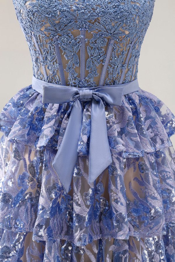 Sparkly Tiered Corset Bowed Appliqued Grey Blue Prom Dress - Image 9
