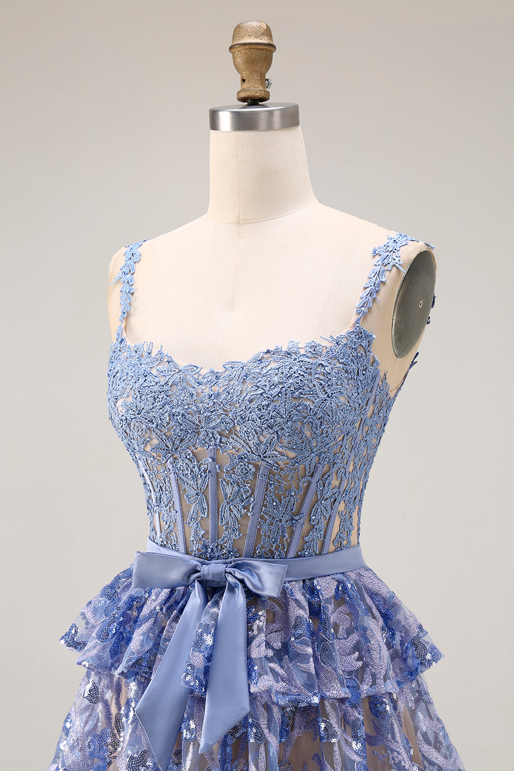 Sparkly Tiered Corset Bowed Appliqued Grey Blue Prom Dress - Image 8