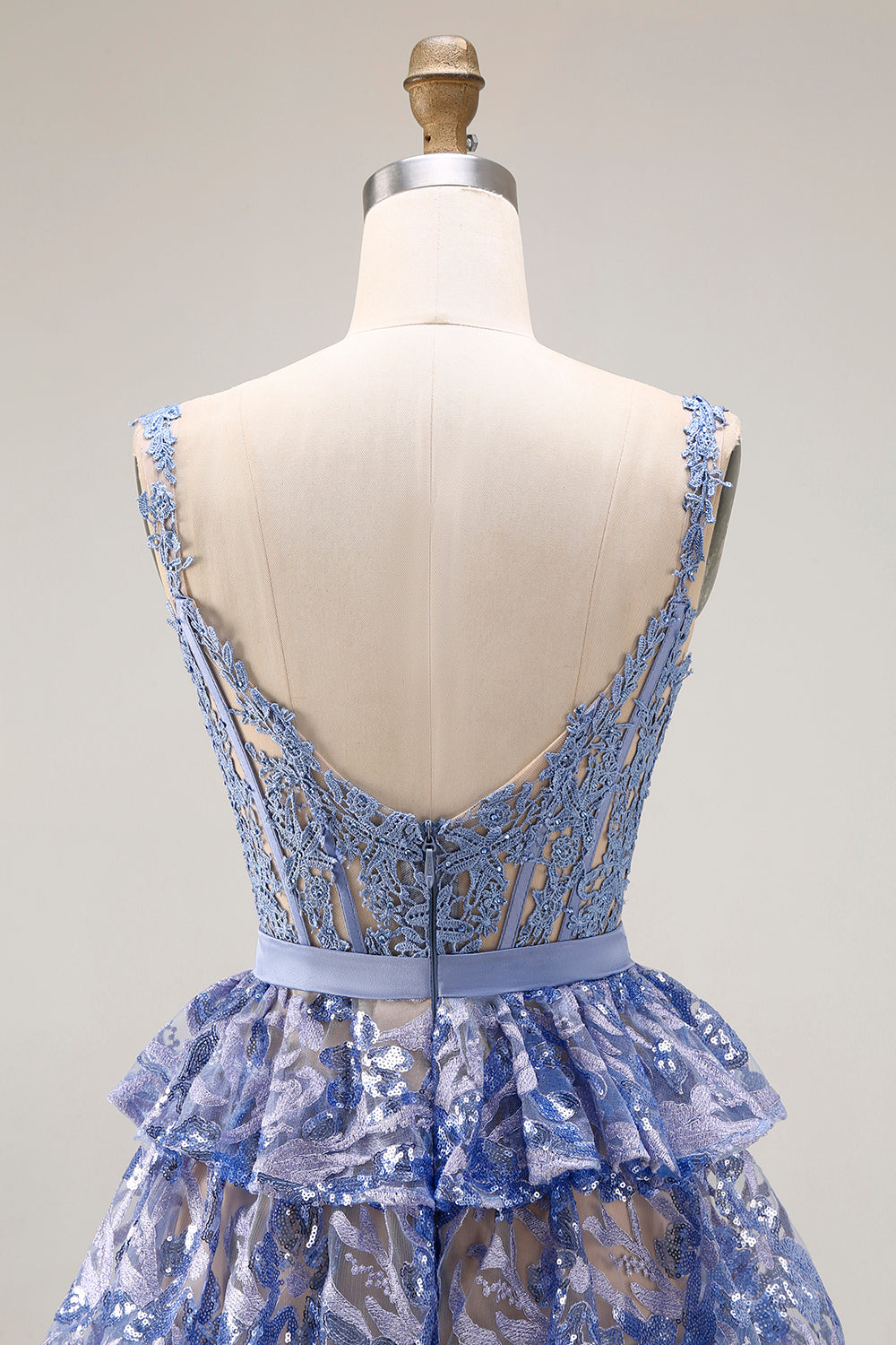 Sparkly Tiered Corset Bowed Appliqued Grey Blue Prom Dress - Image 7
