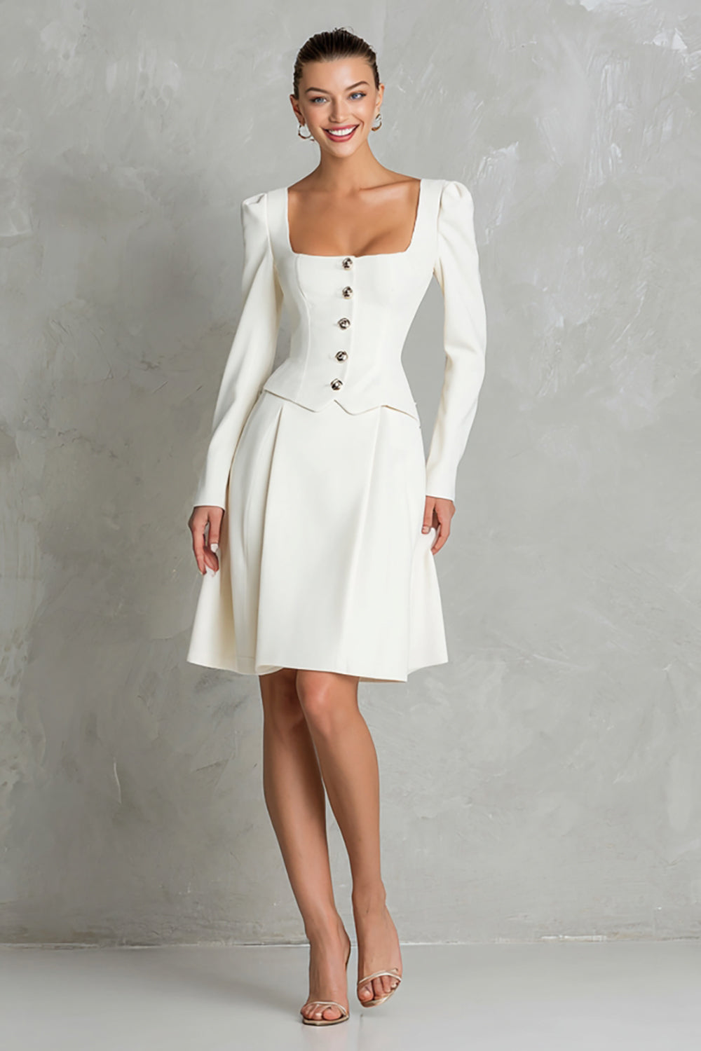 Square Neck A-Line Long Sleeve Ivory Work Dress - Image 1