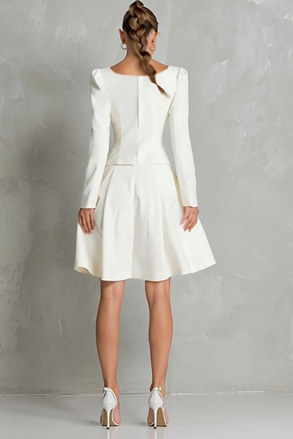 Square Neck A-Line Long Sleeve Ivory Work Dress - Image 2