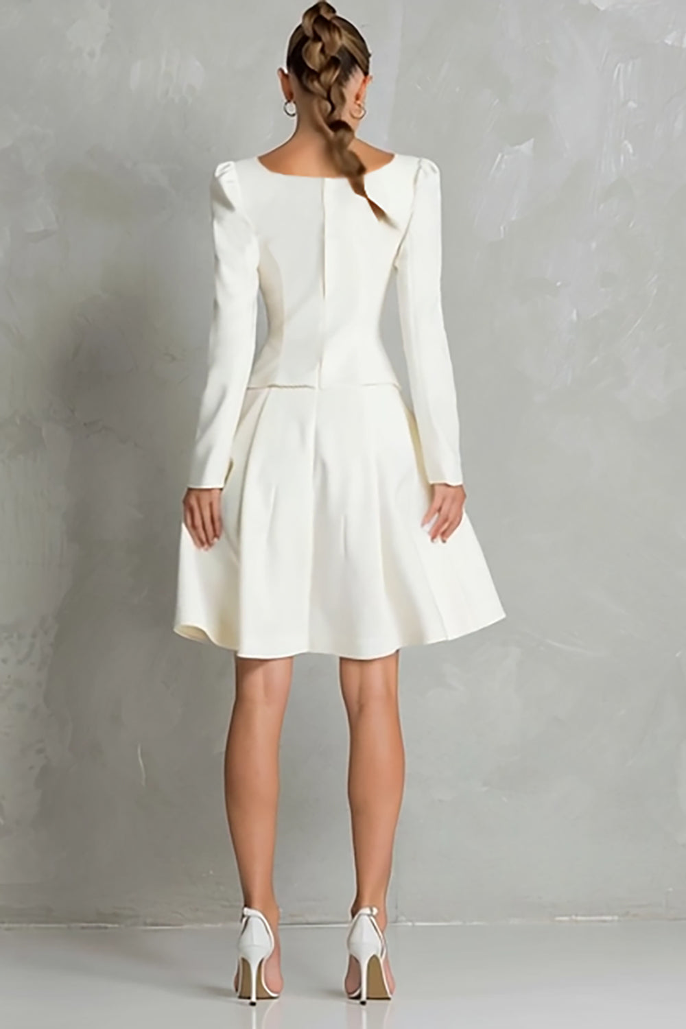 Square Neck A-Line Long Sleeve Ivory Work Dress - Image 2