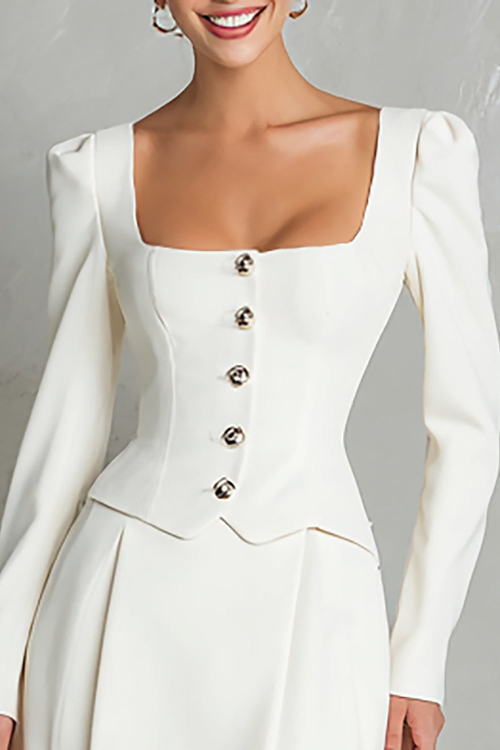 Square Neck A-Line Long Sleeve Ivory Work Dress - Image 3