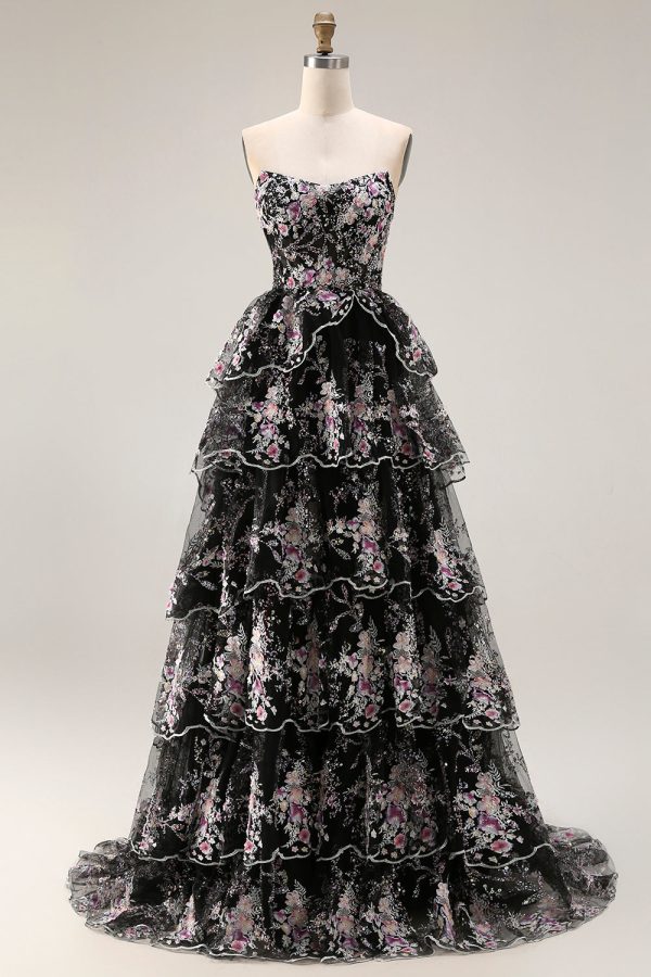 Sparkly Tiered Black Pink Floral Strapless Corset Prom Dress - Image 7