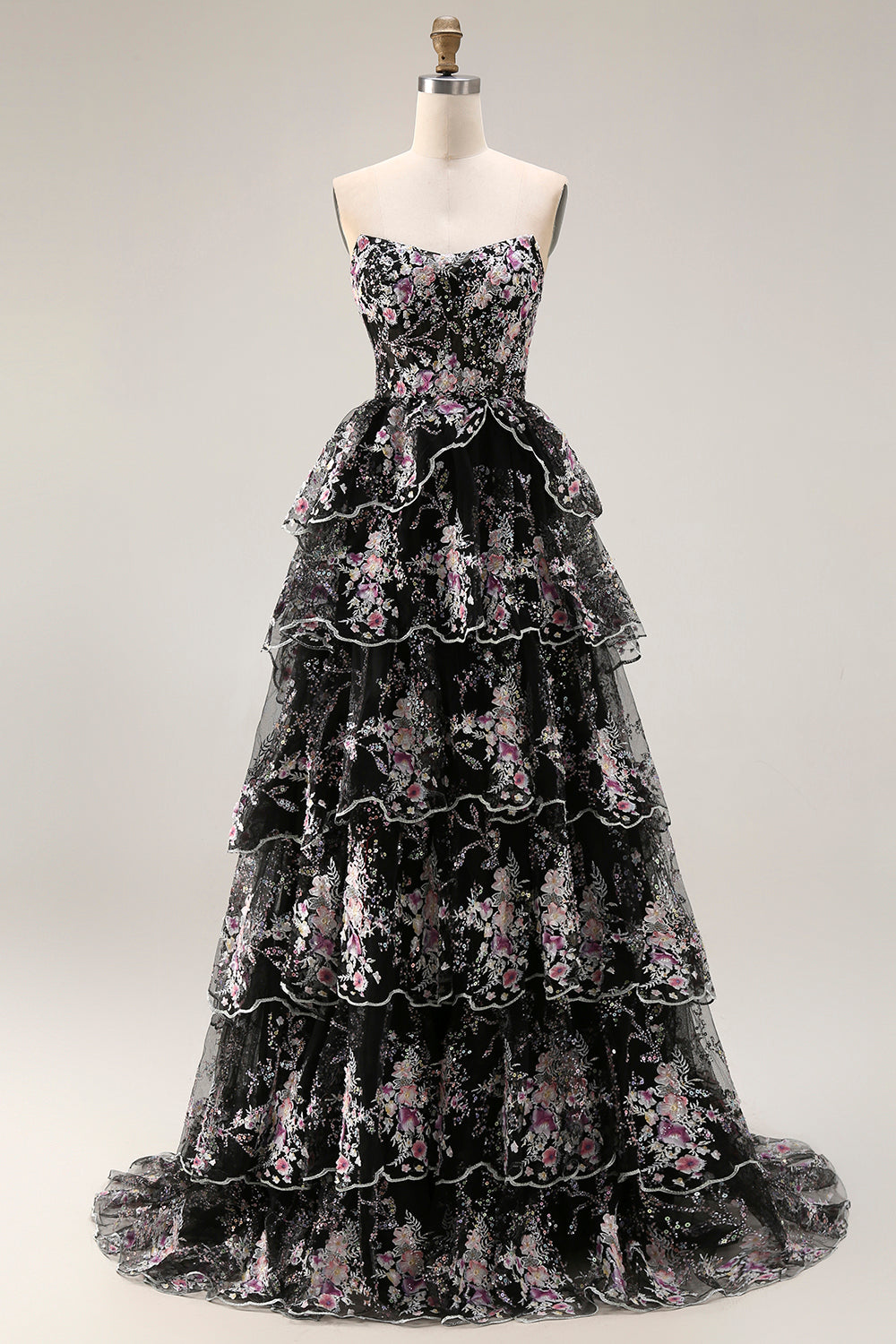 Sparkly Tiered Black Pink Floral Strapless Corset Prom Dress - Image 7