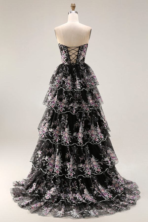 Sparkly Tiered Black Pink Floral Strapless Corset Prom Dress - Image 8