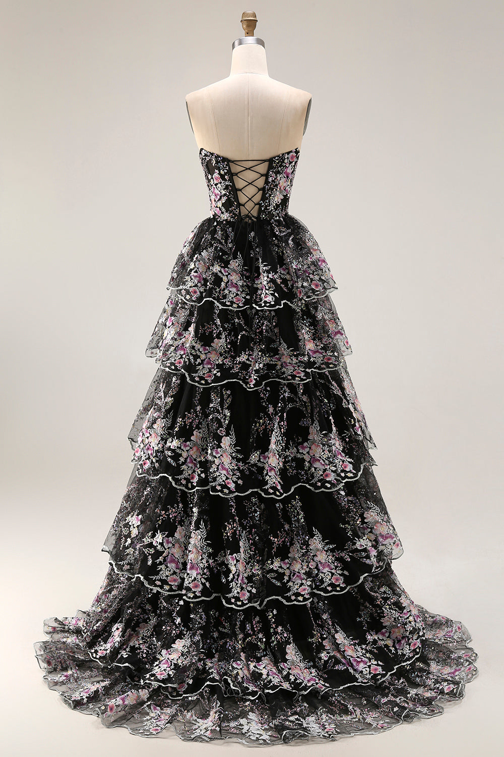 Sparkly Tiered Black Pink Floral Strapless Corset Prom Dress - Image 8