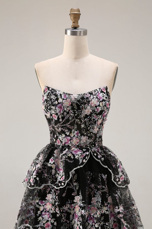 Sparkly White Pink Floral Tiered Strapless Appliqued Prom Dress - Image 13