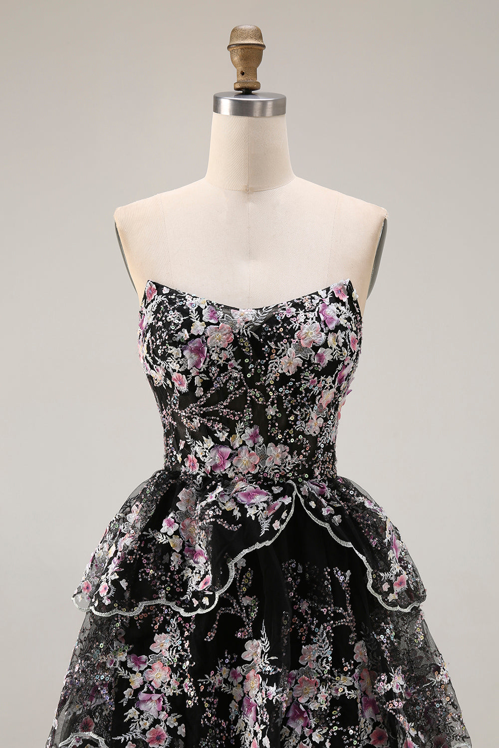 Sparkly White Pink Floral Tiered Strapless Appliqued Prom Dress - Image 13