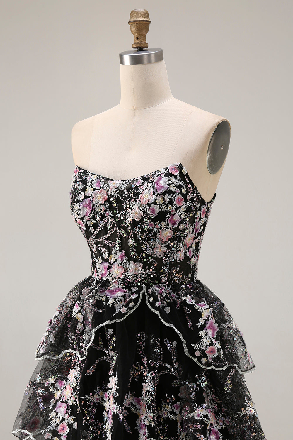 Sparkly White Pink Floral Tiered Strapless Appliqued Prom Dress - Image 15