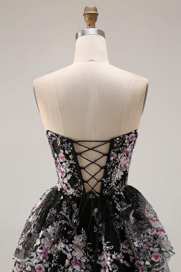 Sparkly White Pink Floral Tiered Strapless Appliqued Prom Dress - Image 14