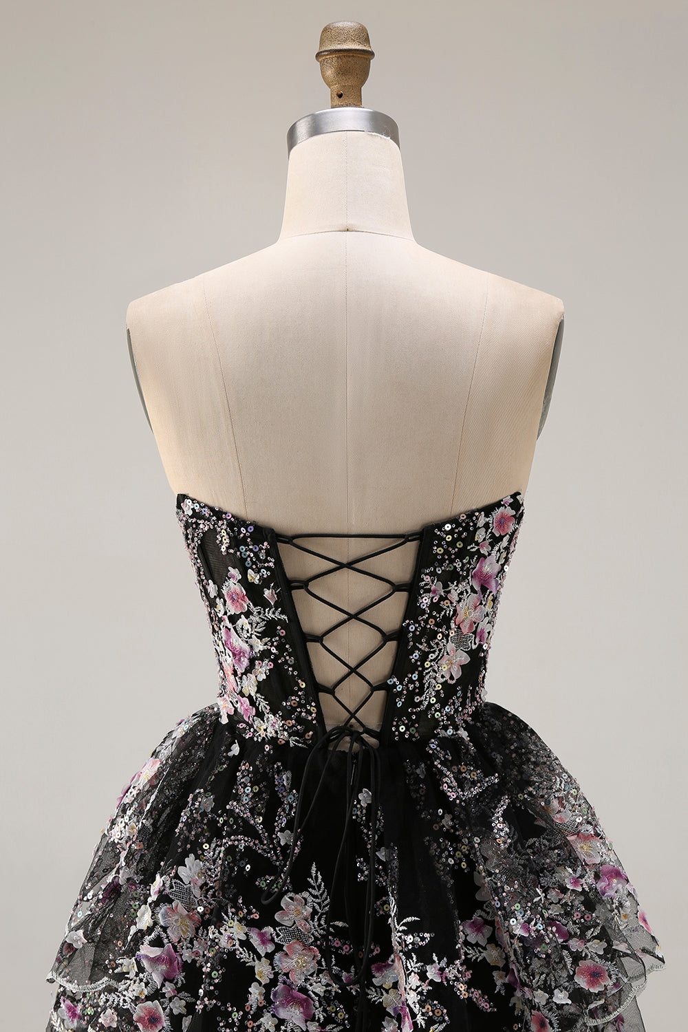 Sparkly White Pink Floral Tiered Strapless Appliqued Prom Dress - Image 14