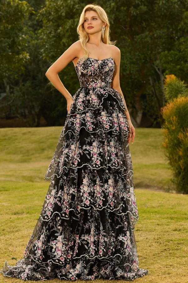 Sparkly Tiered Black Pink Floral Strapless Corset Prom Dress - Image 5