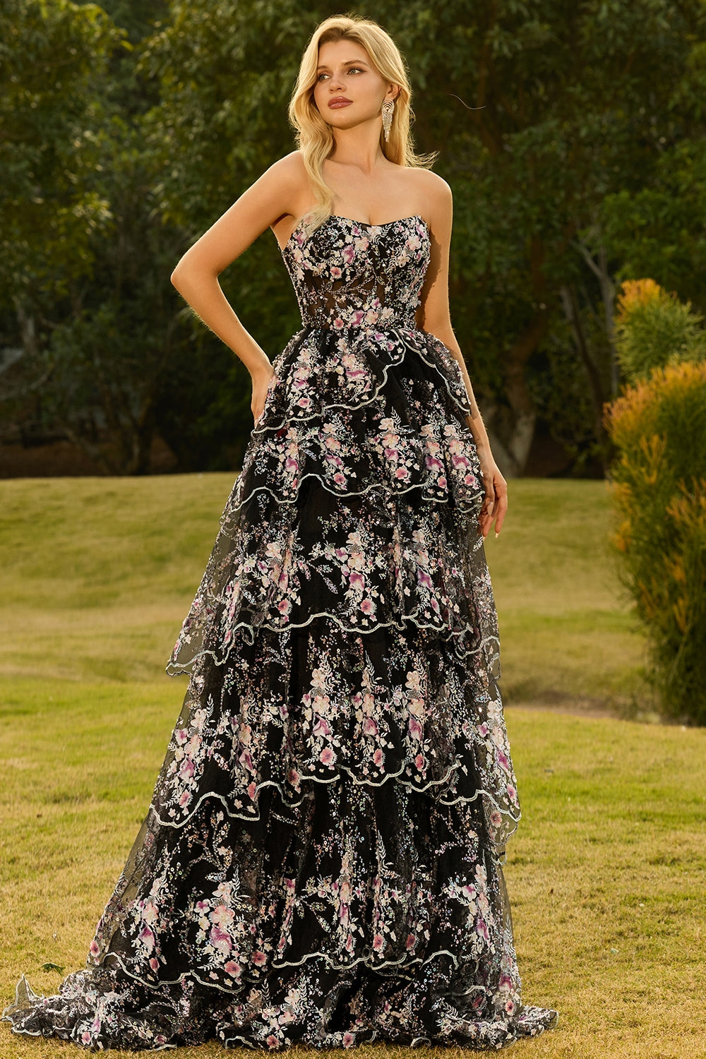 Sparkly Tiered Black Pink Floral Strapless Corset Prom Dress - Image 5