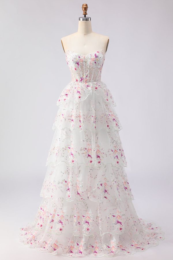 Sparkly Tiered Black Pink Floral Strapless Corset Prom Dress - Image 14