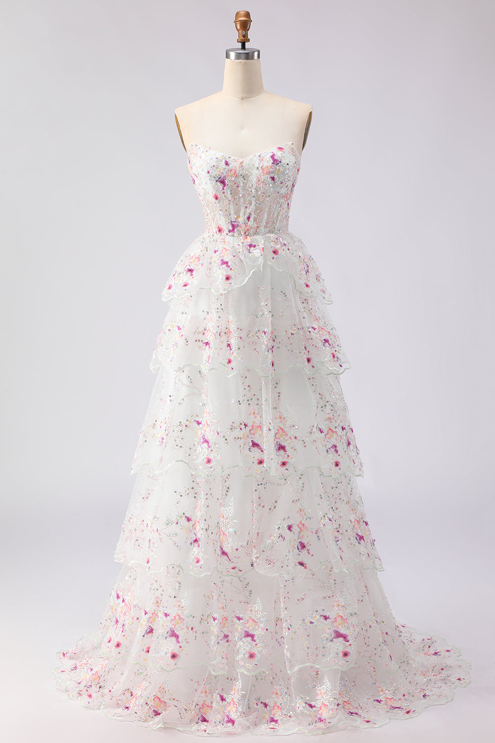Sparkly Tiered Black Pink Floral Strapless Corset Prom Dress - Image 14