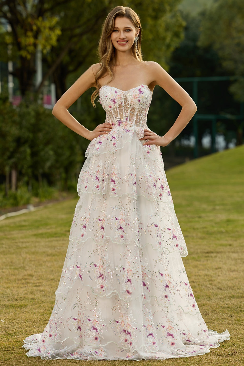 Sparkly Tiered Black Pink Floral Strapless Corset Prom Dress - Image 9