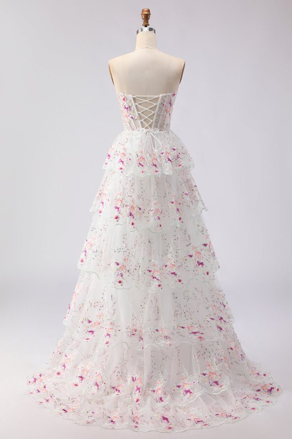 Sparkly Tiered Black Pink Floral Strapless Corset Prom Dress - Image 15