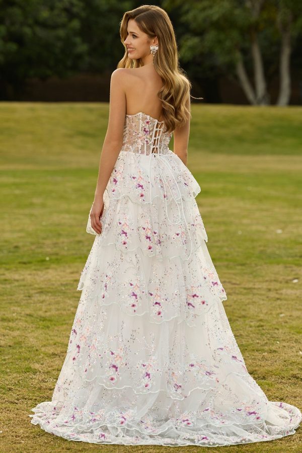 Sparkly Tiered Black Pink Floral Strapless Corset Prom Dress - Image 10