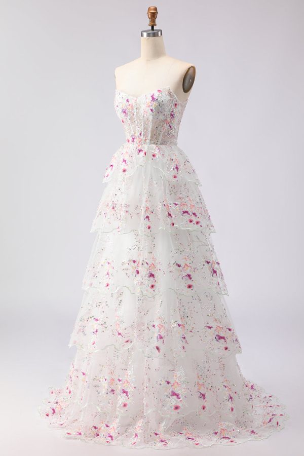 Sparkly White Pink Floral Tiered Strapless Appliqued Prom Dress - Image 5