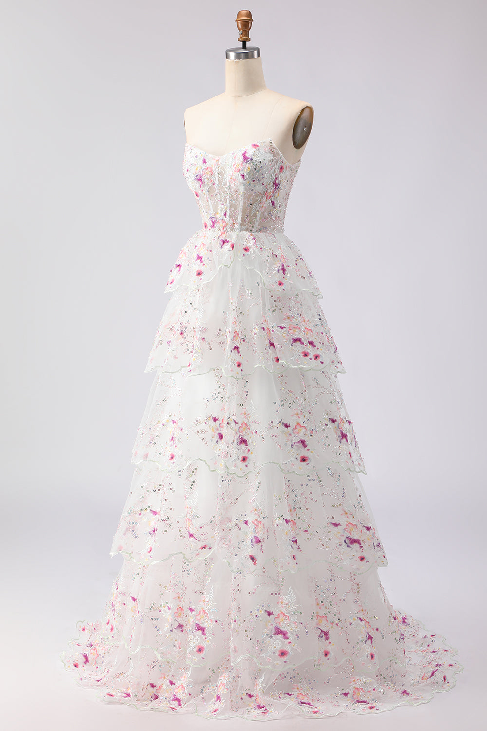 Sparkly White Pink Floral Tiered Strapless Appliqued Prom Dress - Image 5