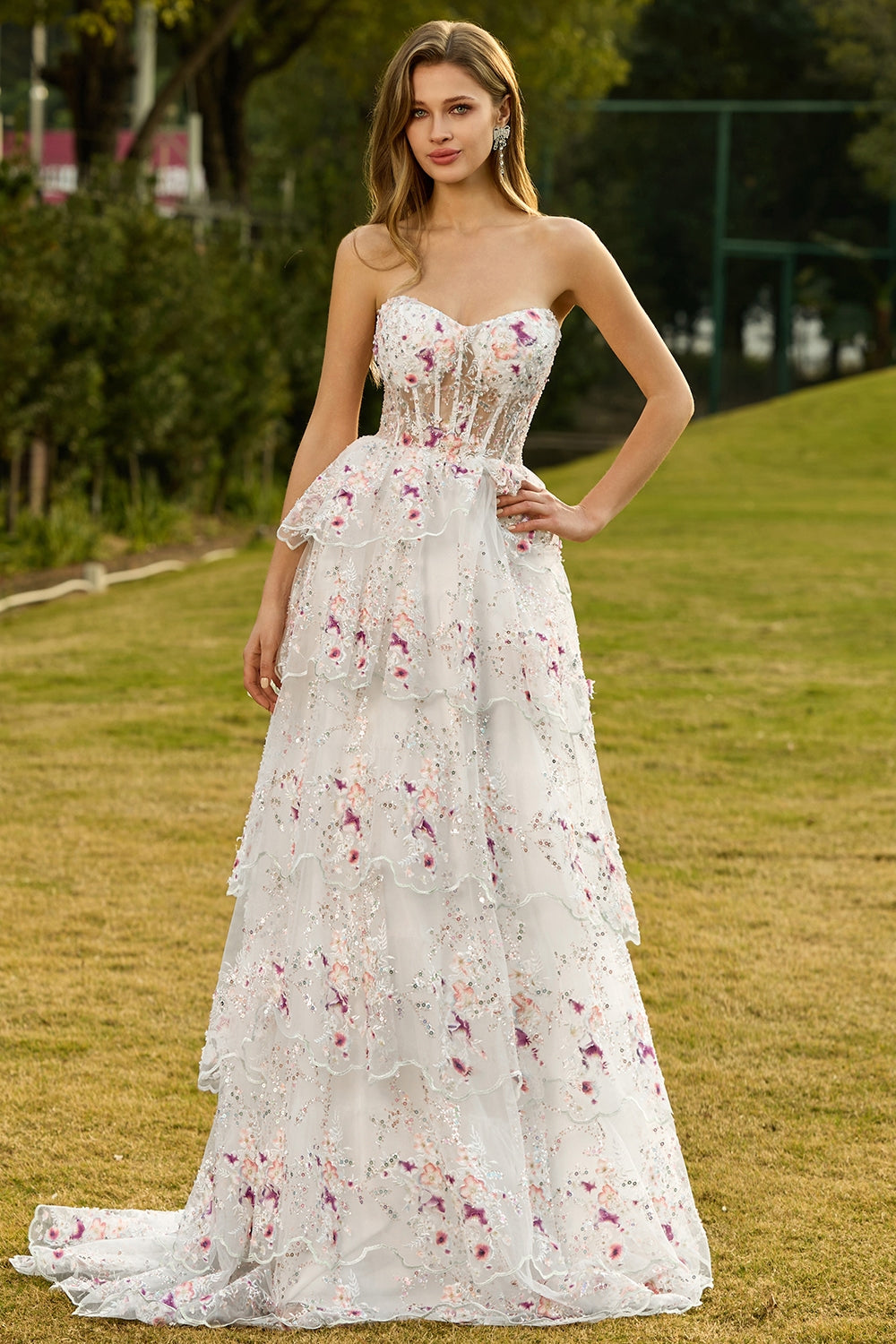 Sparkly Tiered Black Pink Floral Strapless Corset Prom Dress - Image 12